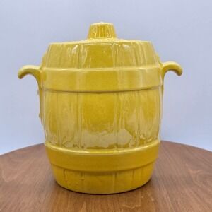 Vintage Frankoma Yellow Barrel Cookie Jar w/ Lid French Country Farmhouse Decor